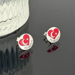 Turkey Heart Flag Earrings S925 Sterling Silver Handmade Ear Stud